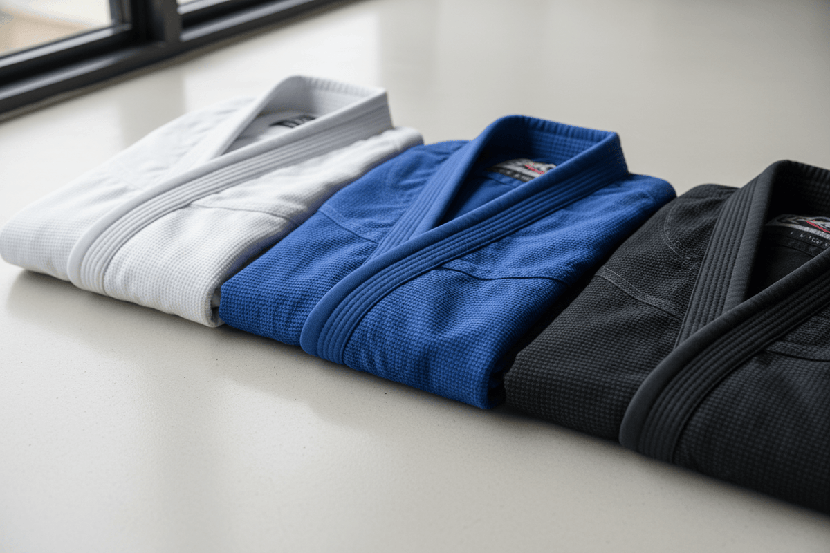 Four folded Brazilian Jiu-Jitsu Gis in white, blue, and black to help choose Brazilian Jiu-Jitsu Gi.