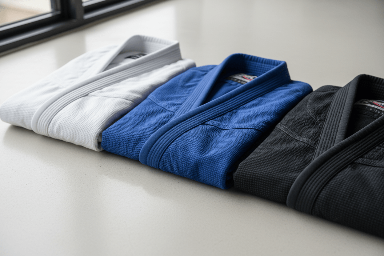 Four folded Brazilian Jiu-Jitsu Gis in white, blue, and black to help choose Brazilian Jiu-Jitsu Gi.