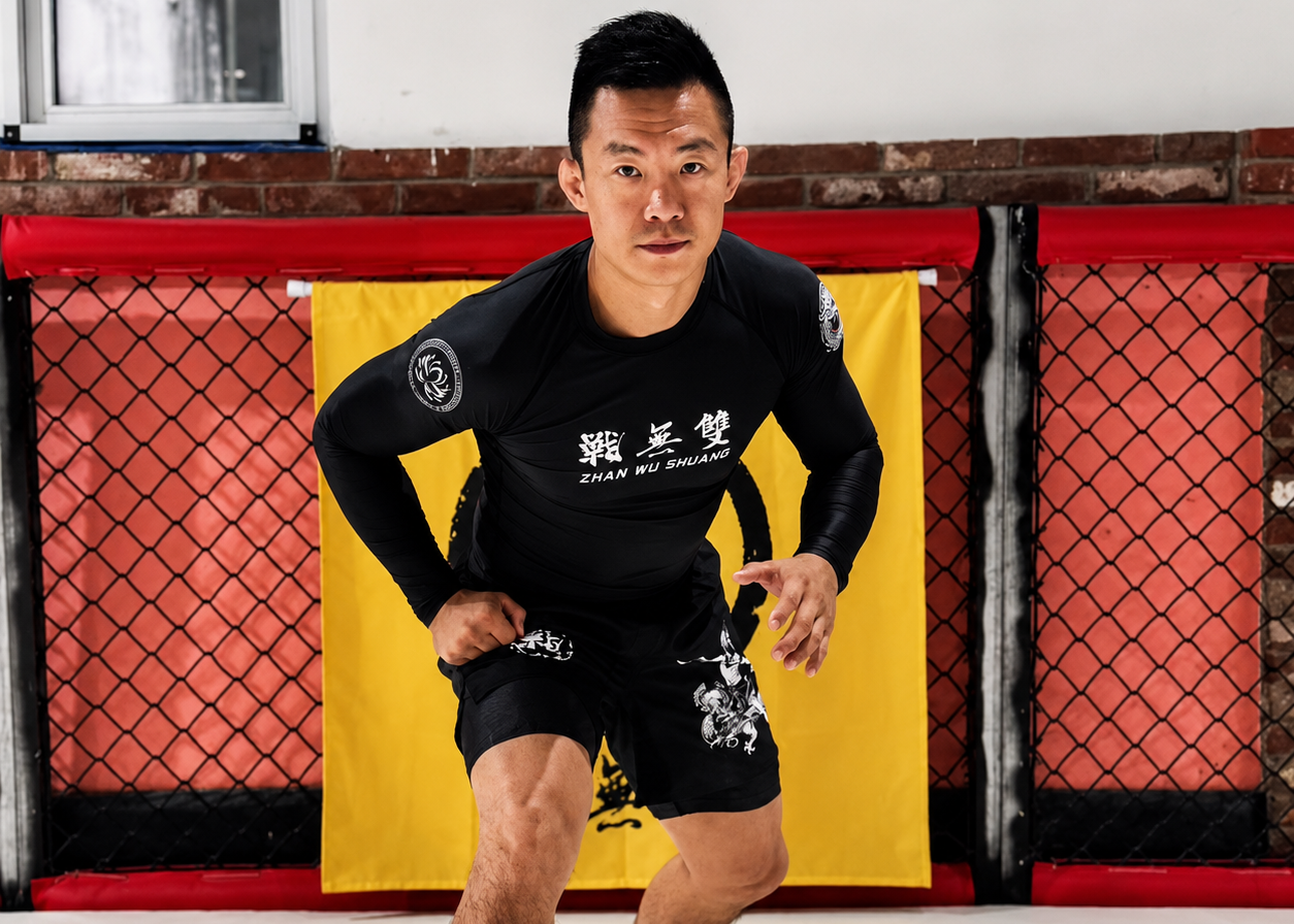 Athlete wearing ZHAN no-gi rash guard and shorts during BJJ grappling training