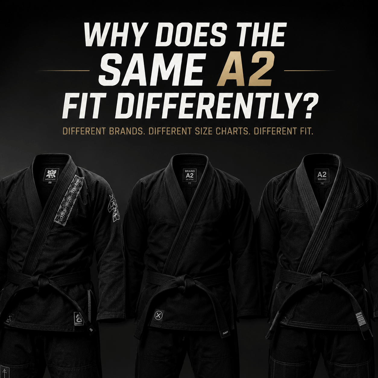 BJJ gi size guide showcasing different A2 BJJ gis highlighting fit differences across brands and size charts.