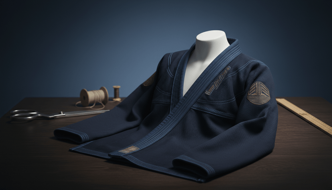 Custom BJJ gi displayed on a mannequin, showcasing high-quality fabric and craftsmanship details.