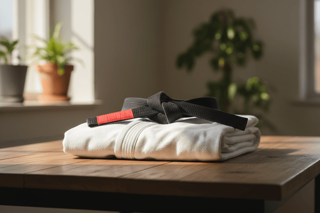 BJJ gi OEM guide featuring a folded gi and black belt on a wooden table with sunlight.