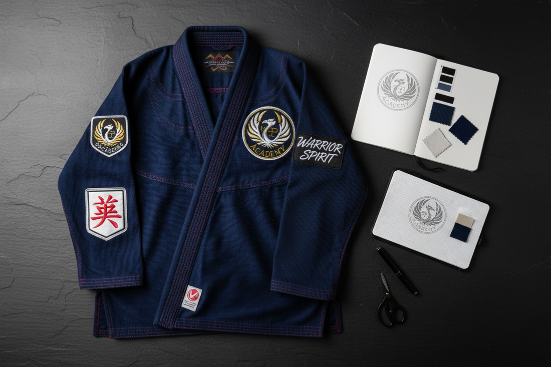 Custom BJJ gi design for club featuring navy color, patches, and design elements on a black surface.