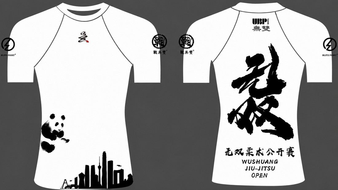 Mockup do design do rash guard branco personalizado de Jiu-Jitsu Brasileiro com estampa sublimada na frente e nas costas