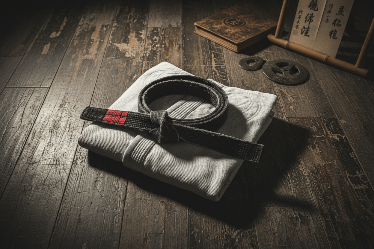The evolution of Brazilian Jiu-Jitsu gi displayed with a black belt and traditional accessories on wooden floor.