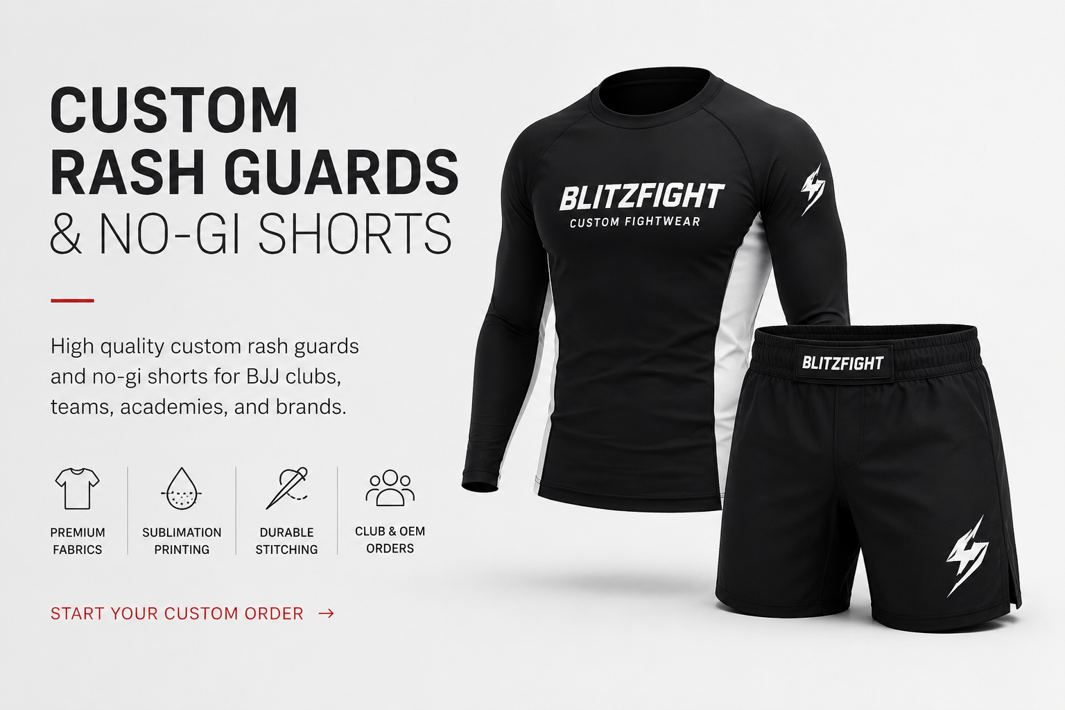 Custom BJJ Rash Guard: What to Confirm Before Production featuring custom rash guards and no-gi shorts.