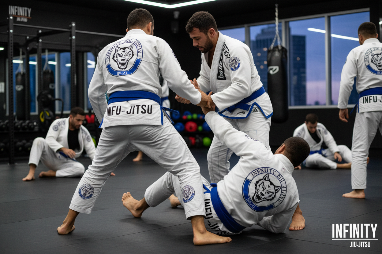 Training session showing athletes in custom BJJ gi practicing techniques in a modern gym setting.