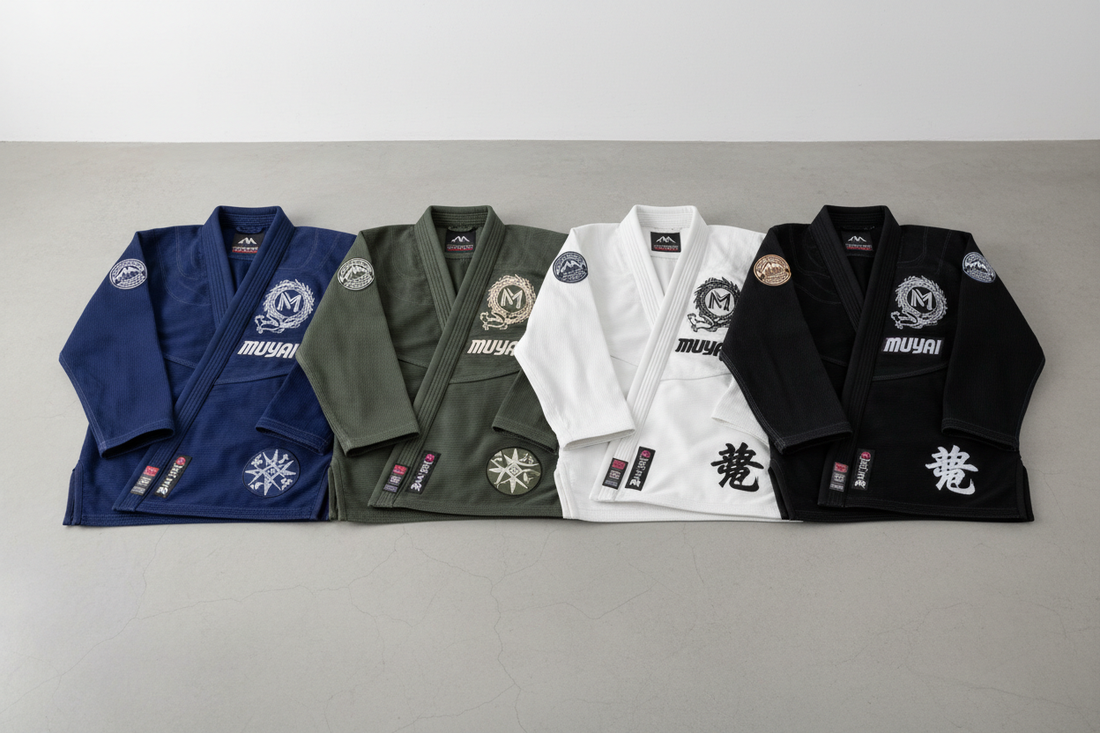 Why Are Some BJJ Gis More Expensive Than Others? Different colors and styles of BJJ gis displayed.