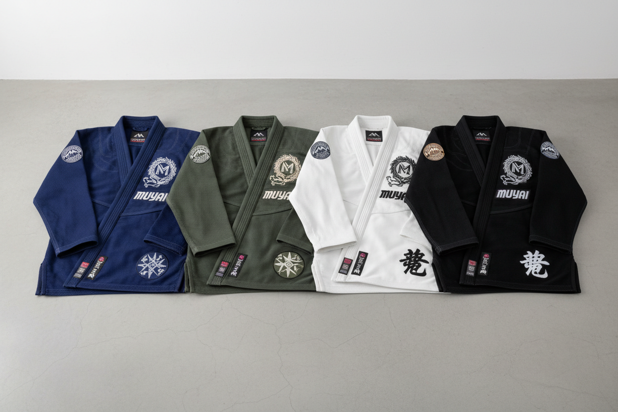Why Are Some BJJ Gis More Expensive Than Others? Different colors and styles of BJJ gis displayed.