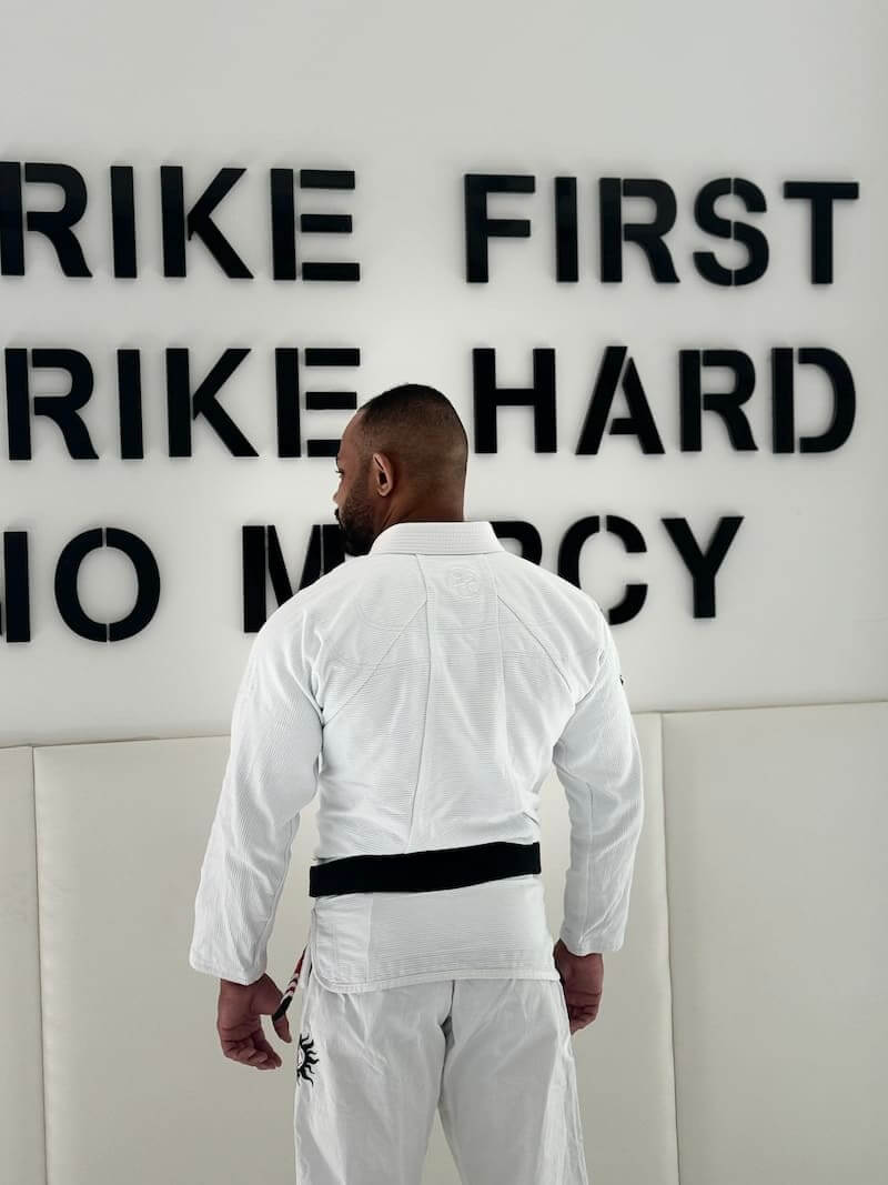 BLITZ Sun & Moon Unisex Brazilian Jiu-Jitsu Gi in white, featuring durable, stylish design for training and competition, back view.