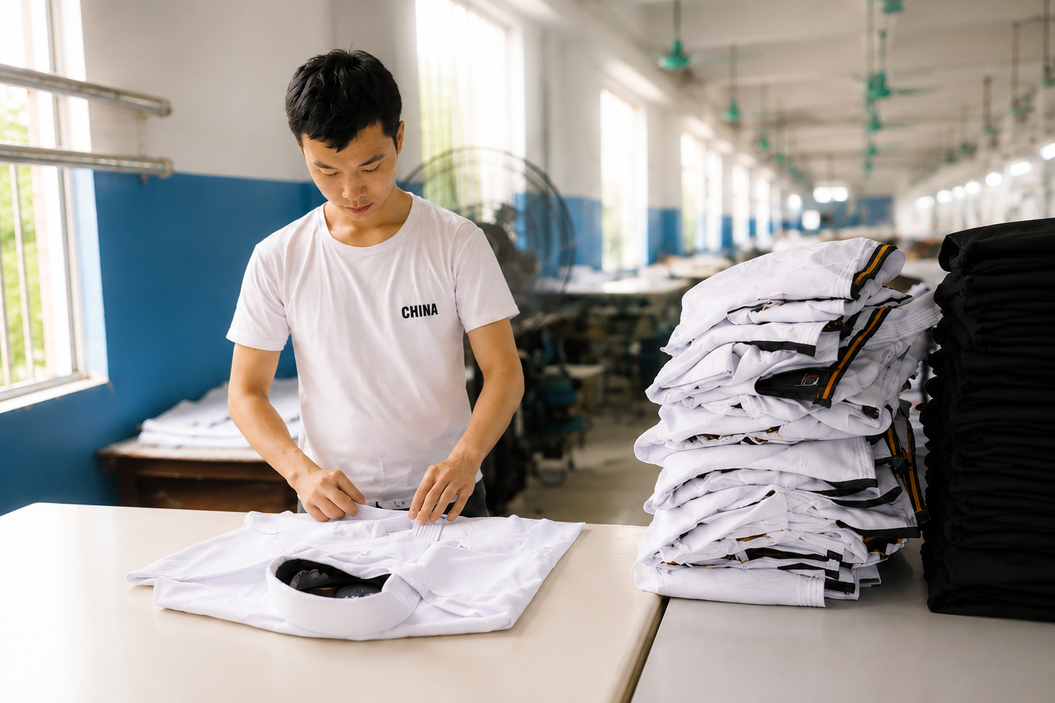 Worker preparing folded bjj gi in a bright garment factory in China.