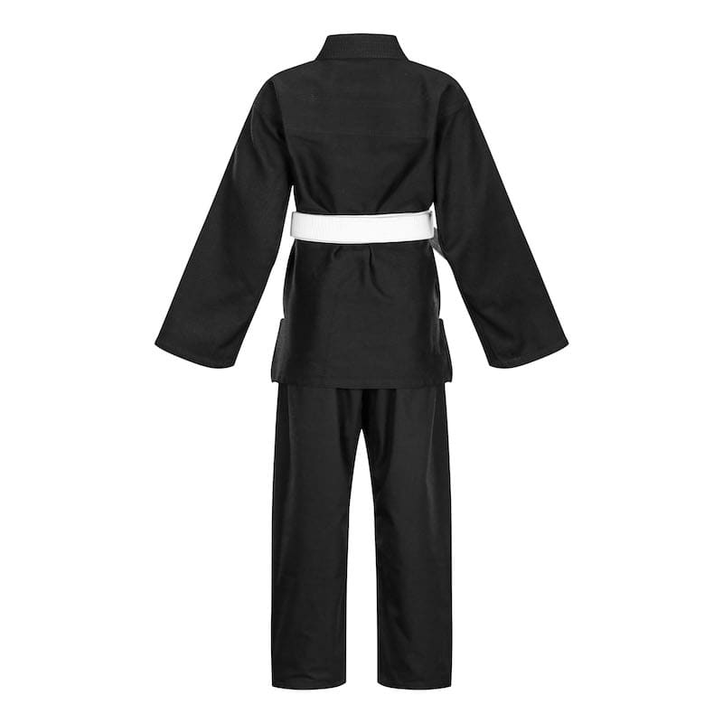 Back view of the black BLITZ Kids Basic BJJ Gi.