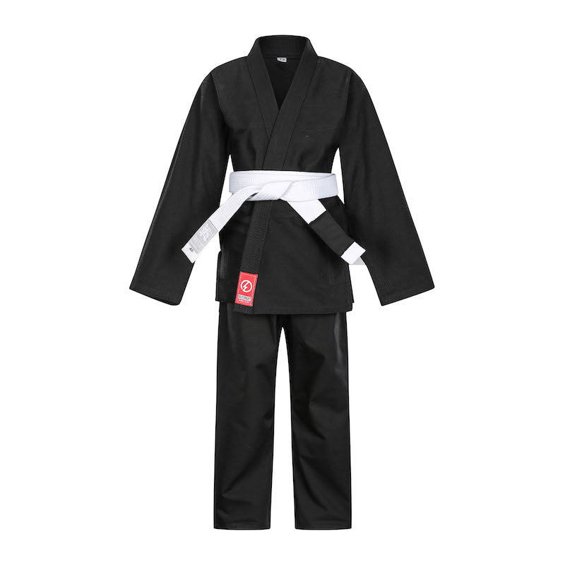 Front view of the black BLITZ Kids Basic BJJ Gi.