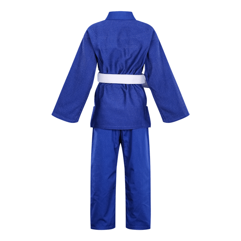 Back view of the blue BLITZ Kids Basic BJJ Gi.