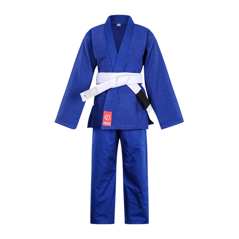 Front view of the blue BLITZ Kids Basic BJJ Gi.