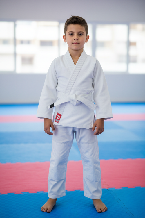White BJJ Gi Front - Mat Background