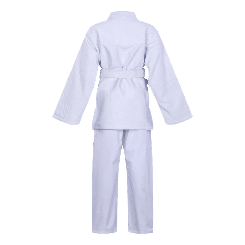 Back view of the white BLITZ Kids Basic BJJ Gi.