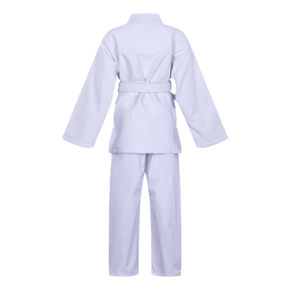 Back view of the white BLITZ Kids Basic BJJ Gi.