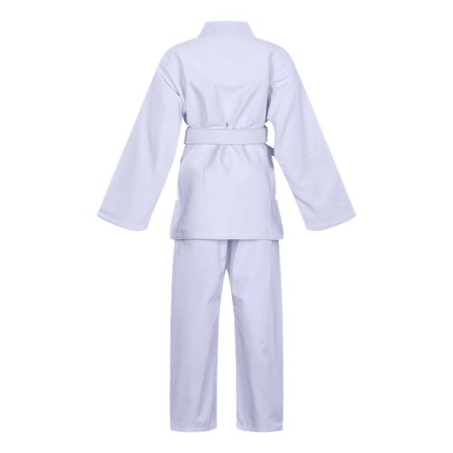 Back view of the white BLITZ Kids Basic BJJ Gi.