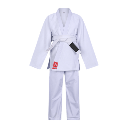 Front view of the white BLITZ Kids Basic BJJ Gi.